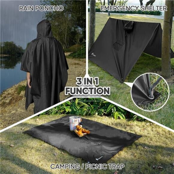 Hooded Rain Poncho for Adult with Pocket, Waterproof Lightweight Unisex Raincoat - Picture 2 of 7